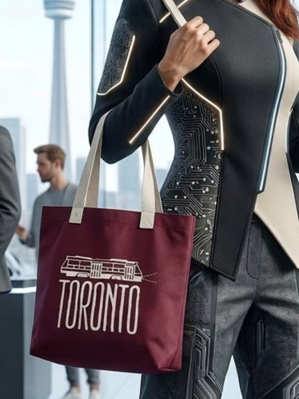 Toronto Tote Bag whimsical white graphic streetcar "TORONTO" lettering medium
